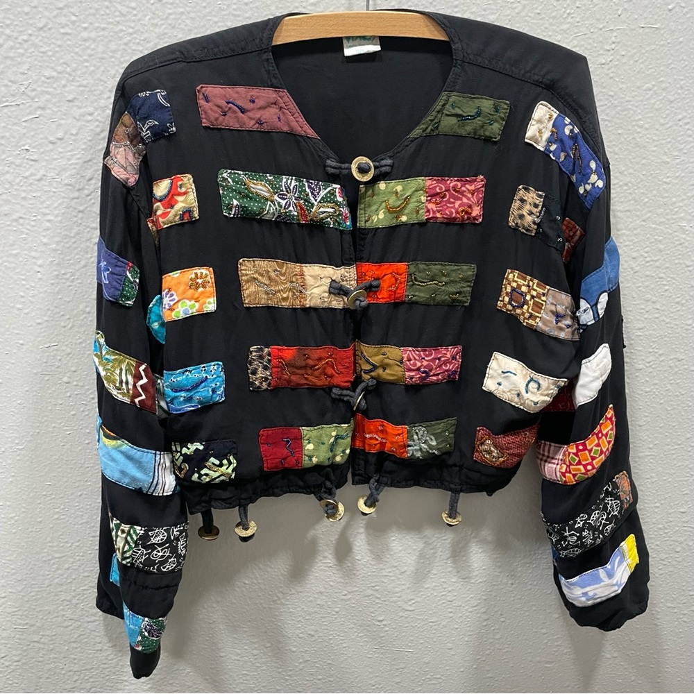 Vintage Patchwork Jacket Womens Black Hippie Colorful Nativewear Designs M‎